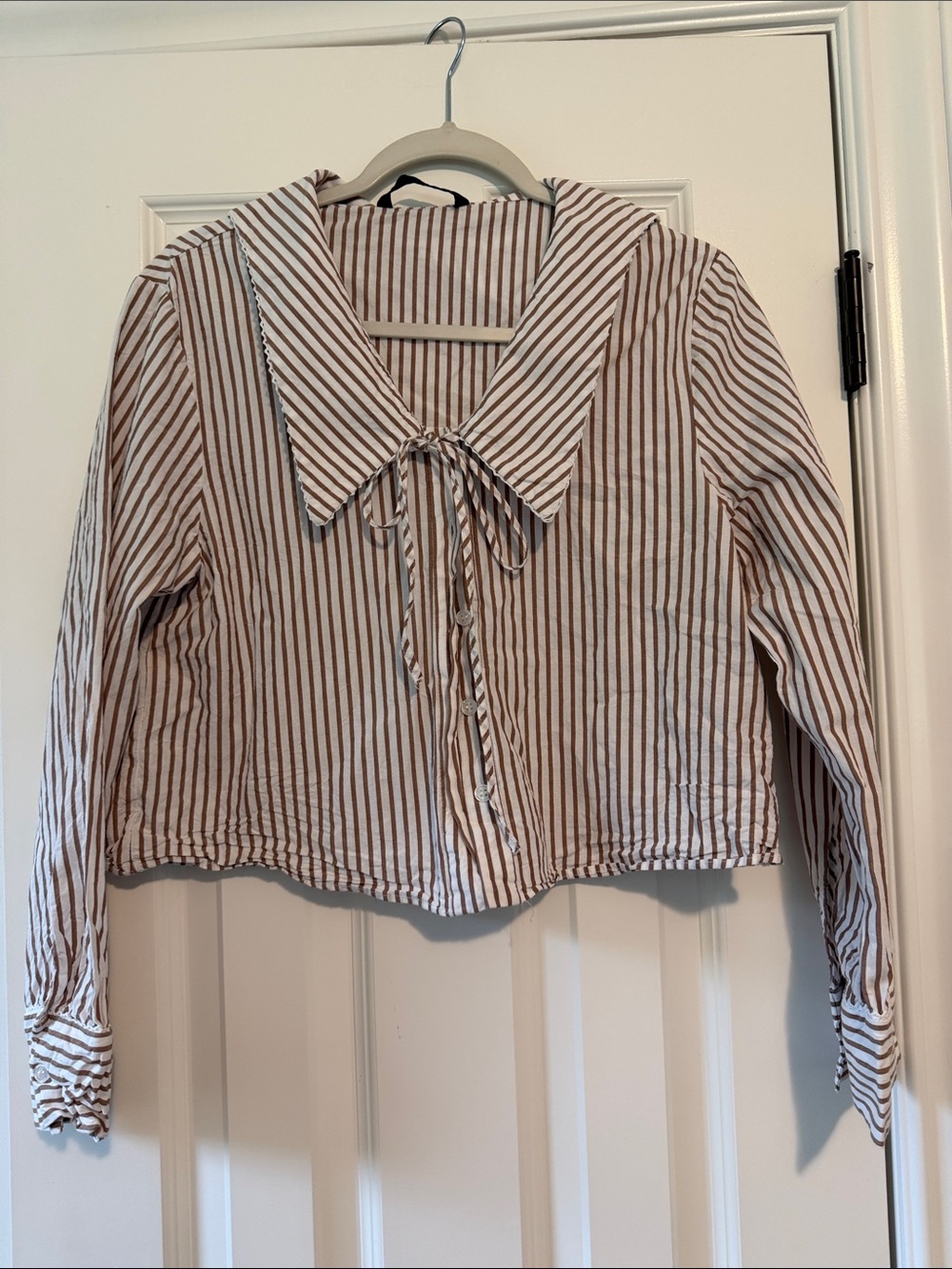 Zara Brown and White Striped Tie-Neck Button-Down Blouse